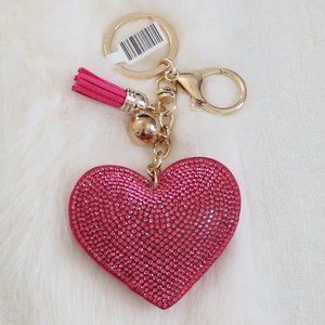 Puffed Rhinestone Pink Heart Bag Charm Key